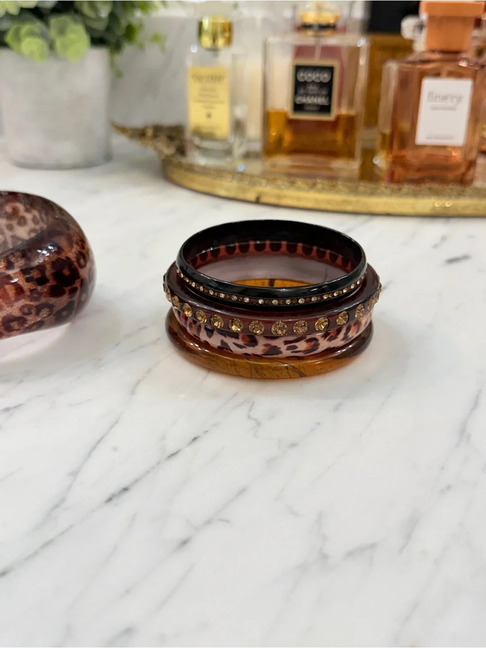 Vintage Lucite and Metal Leopard Print Decorative Bangles